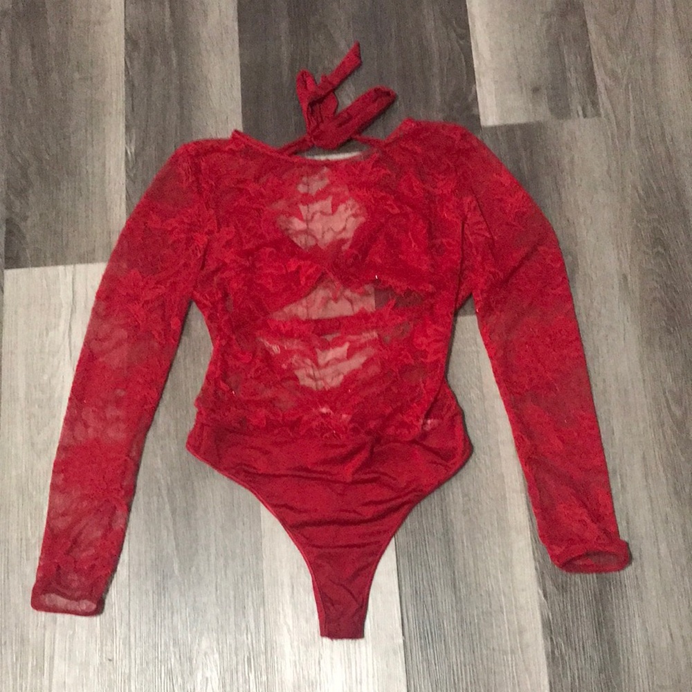 La Vie En Rose Red Lace Long-Sleeve Bodysuit